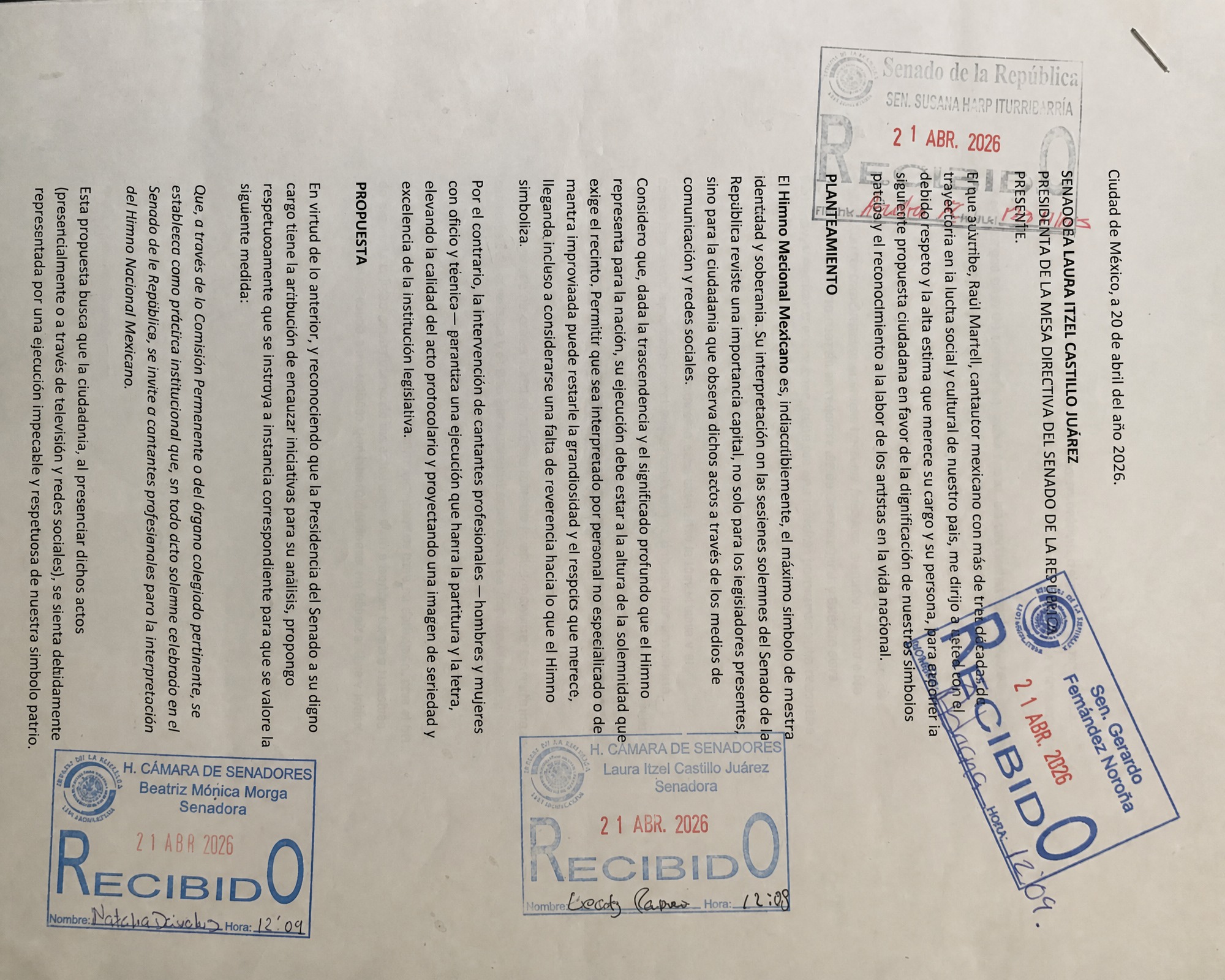 Carta original enviada al Senado de la República con sellos de recibido visible